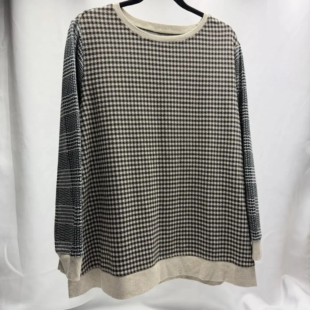 Lands End Sweater 1X Houndstooth Knit Pullover Plus Size Cozy Neutral Top - Picture 2 of 9